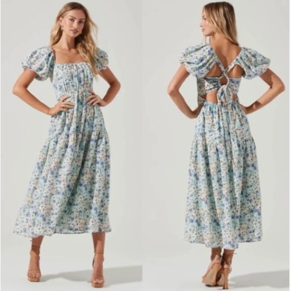ASTR The Label Puff-Sleeve Floral Cotton Midi Dress